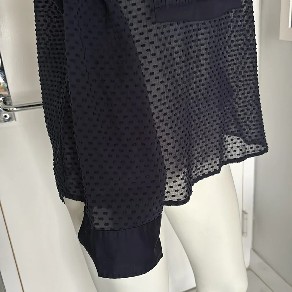 J. Crew Navy Pleated Swiss Dot Tuxedo Sheer Blouse - Picture 5 of 9
